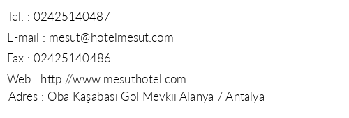 Mesut Hotel telefon numaralar, faks, e-mail, posta adresi ve iletiim bilgileri